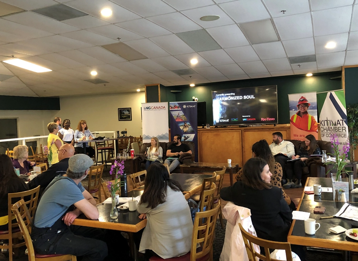 Community members gathered at a Kitimat Chamber of Commerce event, featuring speakers and sponsors including LNG Canada and Rio Tinto—highlighting local business engagement and networking.