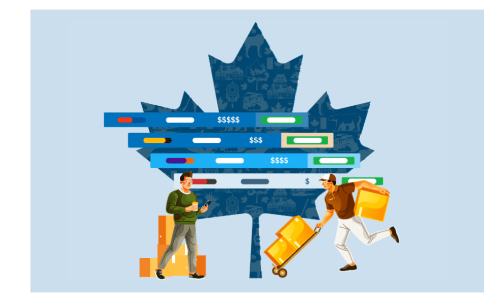 "Illustration of two workers handling packages in front of a stylized Canadian maple leaf, with shipping cost bars, symbolizing discounted shipping and logistics solutions through Freightcom for Chamber members.