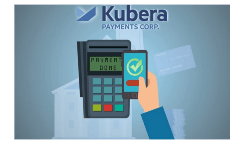 Illustration of a mobile payment completed on a card reader, featuring Kubera Payments Corp., representing secure and efficient transaction services for Chamber members.