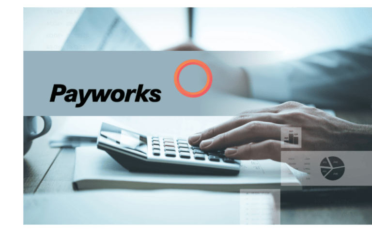 Payworks logo over an image of a person using a calculator, representing secure, cloud-based payroll services available through Chamber partnerships