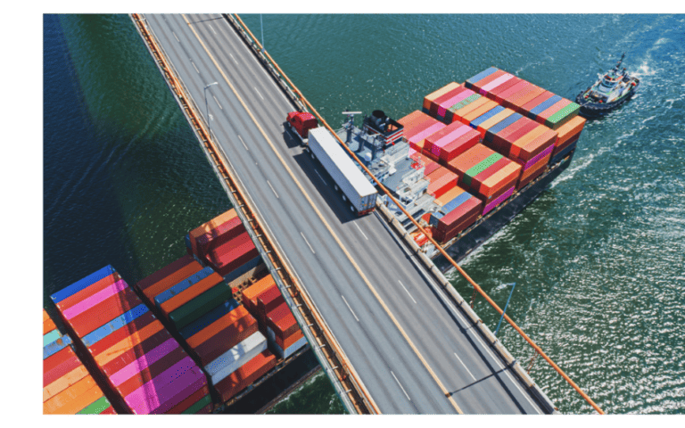 Shipping containers and trucks crossing bridge—highlighting Chamber import bond support for customs compliance