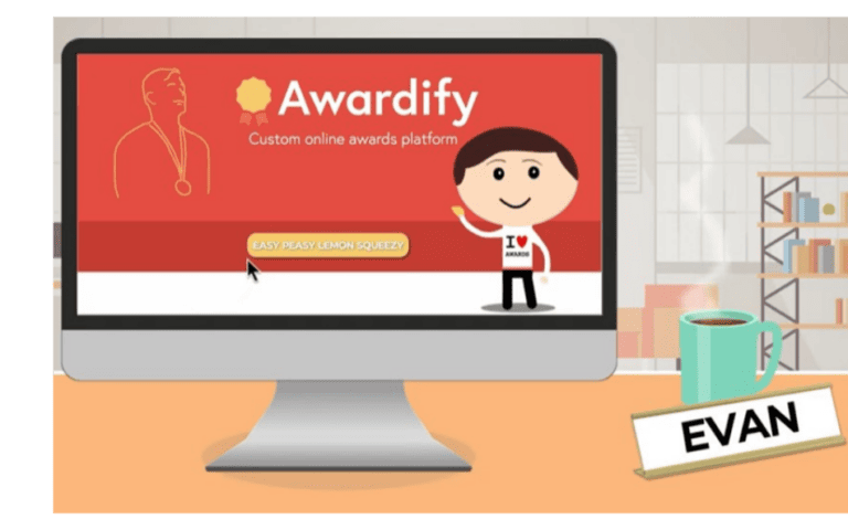 Awardify platform on screen with a cheerful mascot and slogan 'Easy Peasy Lemon Squeezy'—promoting simple digital awards solutions for Chambers and businesses.