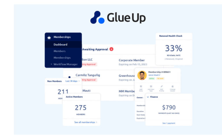 GlueUp dashboard displaying membership and finance tools for Chamber and association management