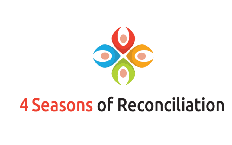 Logo for "4 Seasons of Reconciliation," featuring four stylized human figures in red, blue, green, and orange arranged in a circular pattern to represent unity and the four seasons.
