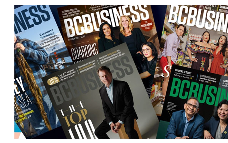 Assorted BCBusiness magazine covers—symbolizing Chamber member benefits including business news access.