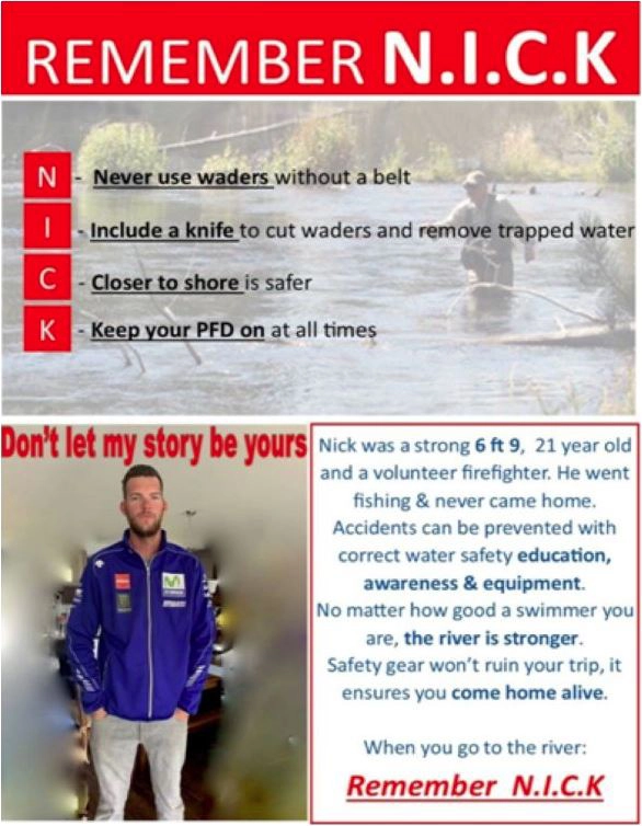 Poster with a photo of Nick Hopwood with text of safety practices while fishing.