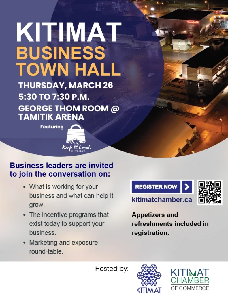 Poster for Kitimat Business Town Hall on March 26, 5:30–7:30 p.m. at Tamitik Arena. Topics include business growth, incentives, and marketing. Register at kitimatchamber.ca.