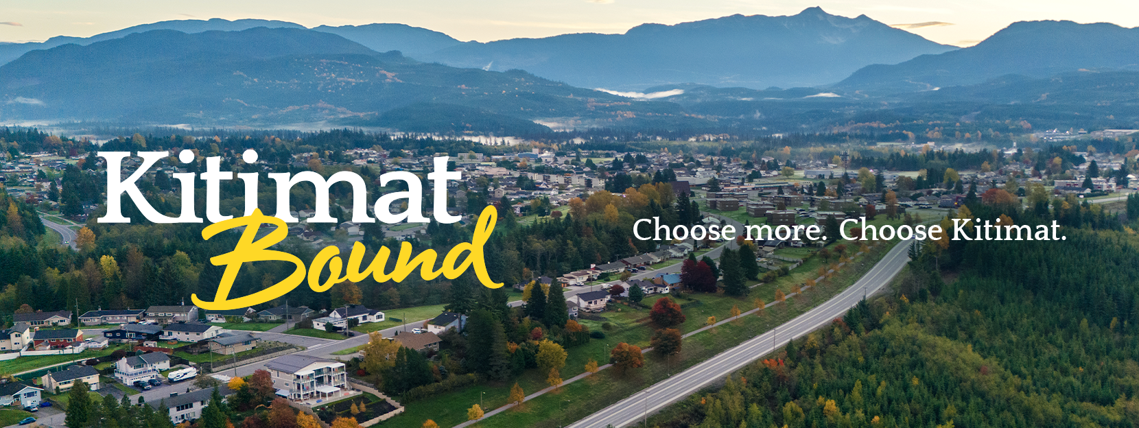 Aerial view of the community of Kitimat for the Kitimat Bound banner